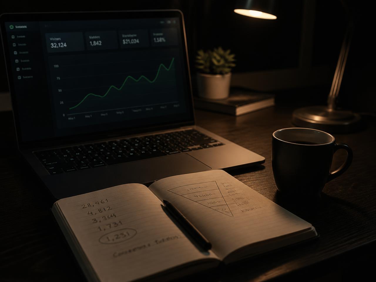 Acquisition numbers being worked out on a laptop dashboard and a notebook