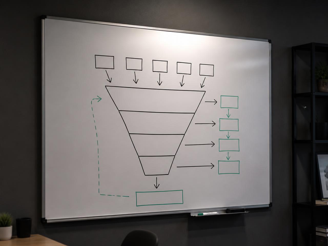 A client acquisition funnel mapped out on a whiteboard